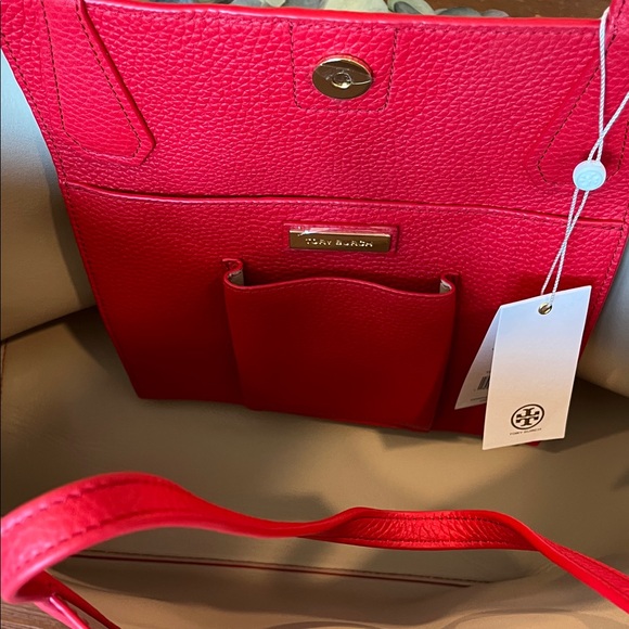 NWT Tory Burch Brody Tote Liberty Red/Beige Pebbled Leather - Picture 9 of 11